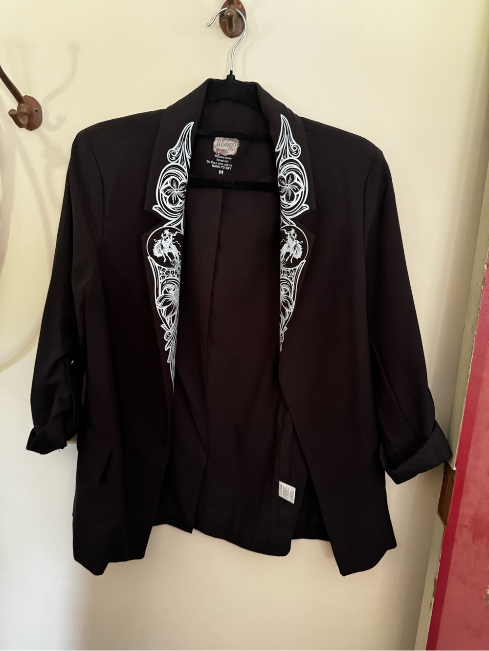 Black Embroidered Open-Front Blazer with White Trim
